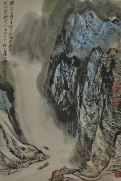 LOT165何海霞 (1908-1998) 岸巖千壁

設(shè)色紙本 立軸

68 × 45.5 cm 約 2.8 平尺

 

題識：在歲小寧河之游，化圖贈許靜同志正。何海霞。岸巖千壑立，峽道九腸回。風景絕妙幽，深勝過三峽。

鈐印：何瀛、海霞、以造化為師

 

估價：RMB: 250,000 - 350,000
