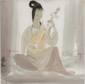 林風(fēng)眠《琵琶仕女》   紙本水墨設(shè)色 34cm×34cm 20世紀(jì)50年代

 中華藝術(shù)宮（上海美術(shù)館）藏
