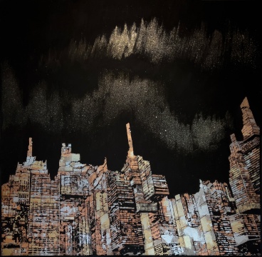 《曼哈頓時代#2》  2024年  布面綜合媒介，金箔 ，銀箔，銅箔，丙烯 203cm×203cm