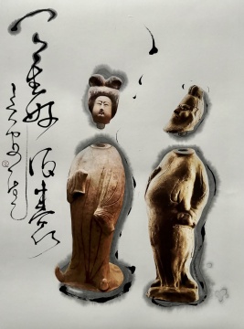 侯拙吾-天生好酒囊（以唐俑改造的酒瓶設計）76x56cm，綜合材料，2025年
