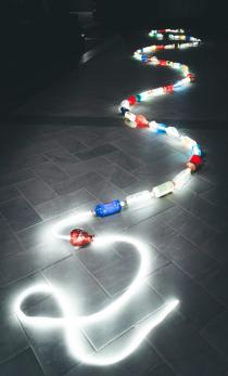 傅中望-《乙巳蛇年》，尺寸可變，酒瓶、LED，2025年
