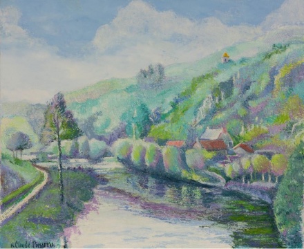 《Sur l’Orne Le Moulin de Maizet》（在奧恩河上的梅澤磨坊），H. Claude Pissarro 克勞德·畢沙羅（1935-至今），布面油畫(huà)，46 x 55 cm
