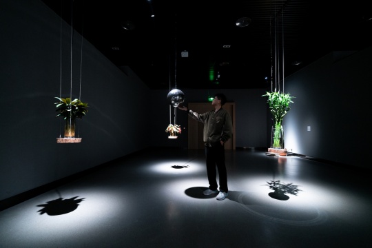《三體植物》，新媒體裝置（植物，不銹鋼球，生物數據傳感器，電容傳感器，電腦，揚聲器，放大器，屏蔽線），尺寸可變，2024，覺然
