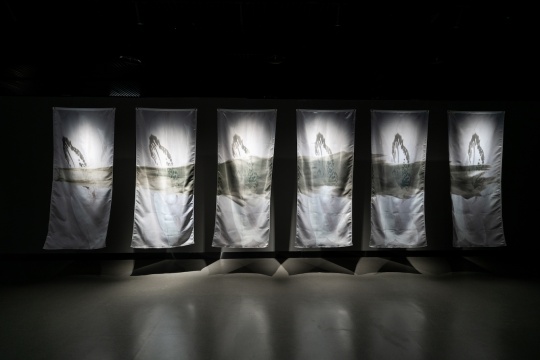 《火焰/花朵橫斷 II》，人造纖維，UV 打印，100x240 cm (每面 )，John Roloff
